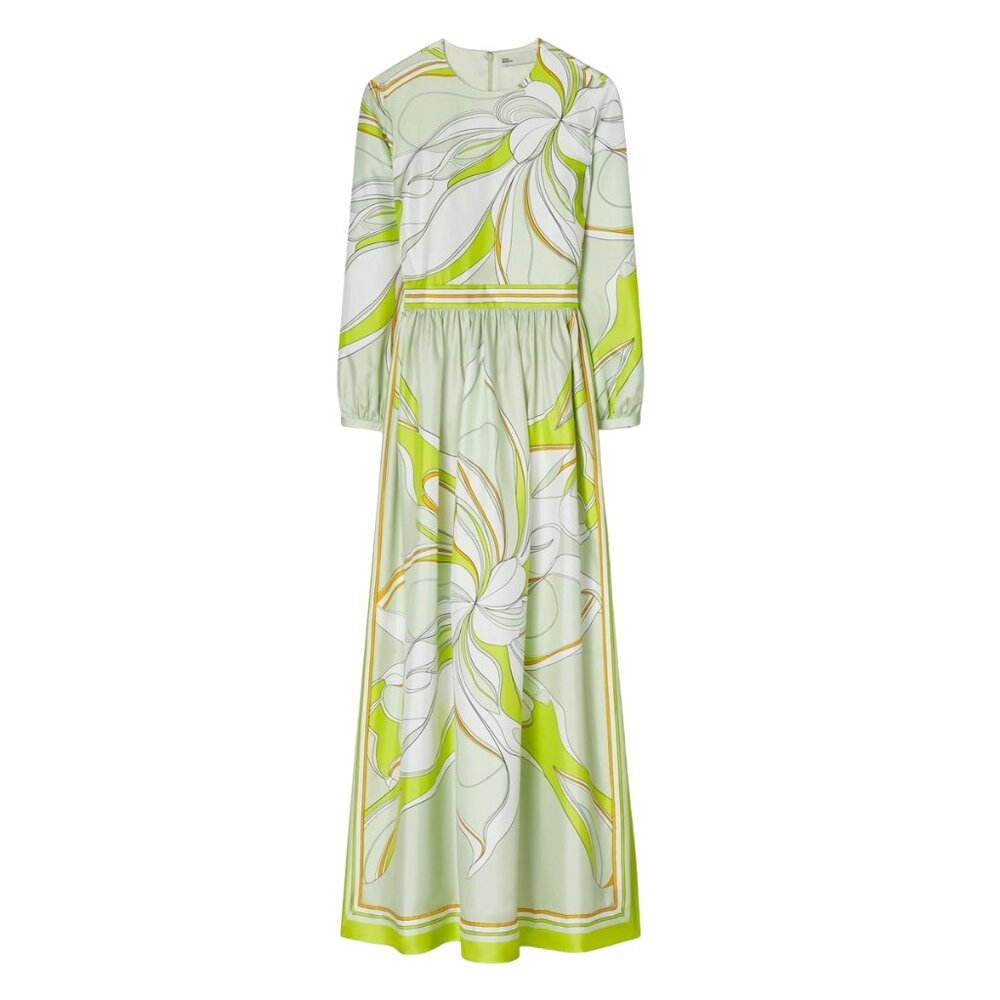 NWT Tory Burch Chartreuse Twisty Flower Printed Silk Maxi Dress Green Floral 10